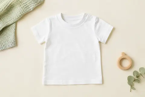 Tee-shirt bébé blanc à manches courtes en coton, posé à plat sur un fond crème avec un tissu gaufré.