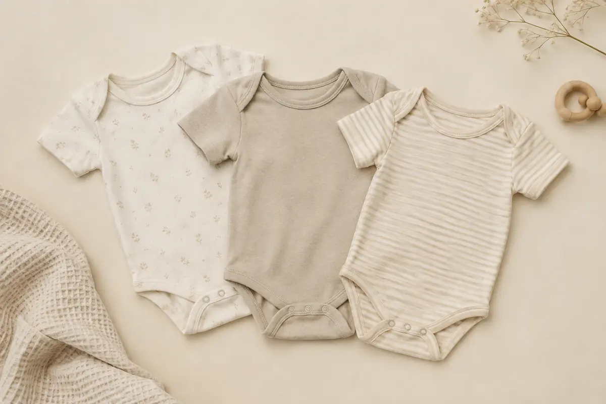 Trois bodies bébé à manches courtes en coton naturel, posés à plat sur un fond crème doux.