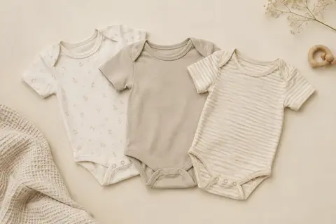 Trois bodies bébé à manches courtes en coton naturel, posés à plat sur un fond crème doux.