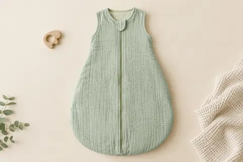 Gigoteuse bébé sans manches en mousseline vert menthe, présentée à plat sur un fond crème