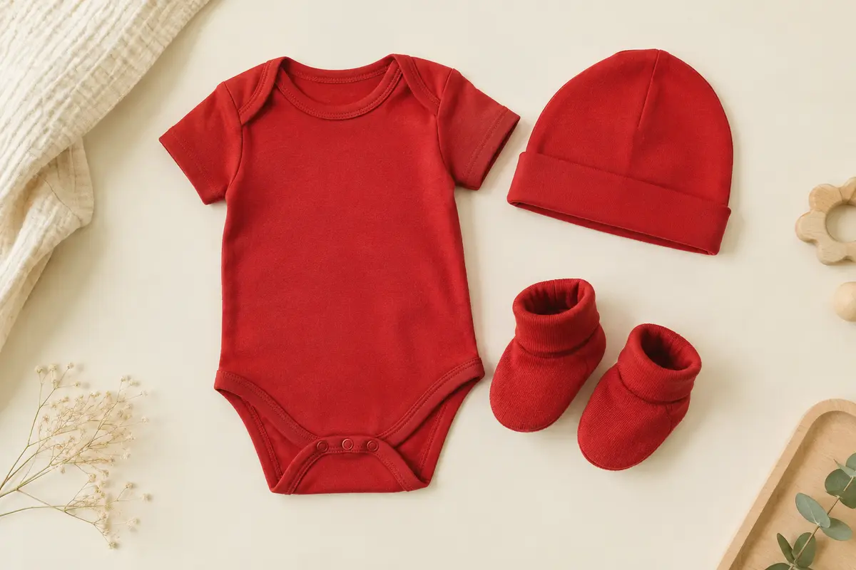 Ensemble bébé rouge à plat, avec body à manches courtes, bonnet à revers et chaussons assortis.