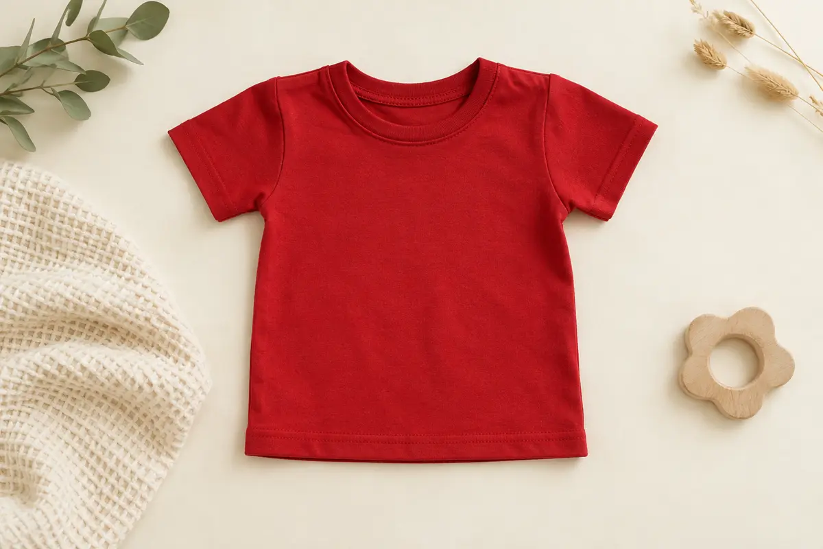 T-shirt bébé rouge à manches courtes et col rond, présenté à plat sur un fond crème avec du coton gaufré.