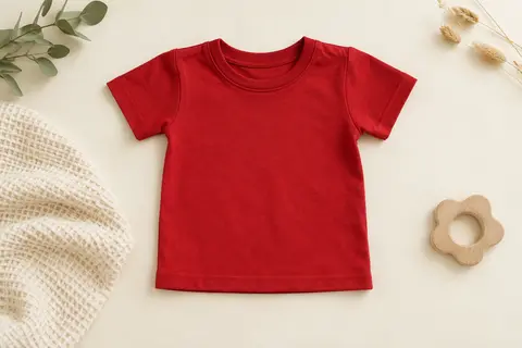 T-shirt bébé rouge à manches courtes et col rond, présenté à plat sur un fond crème avec du coton gaufré.