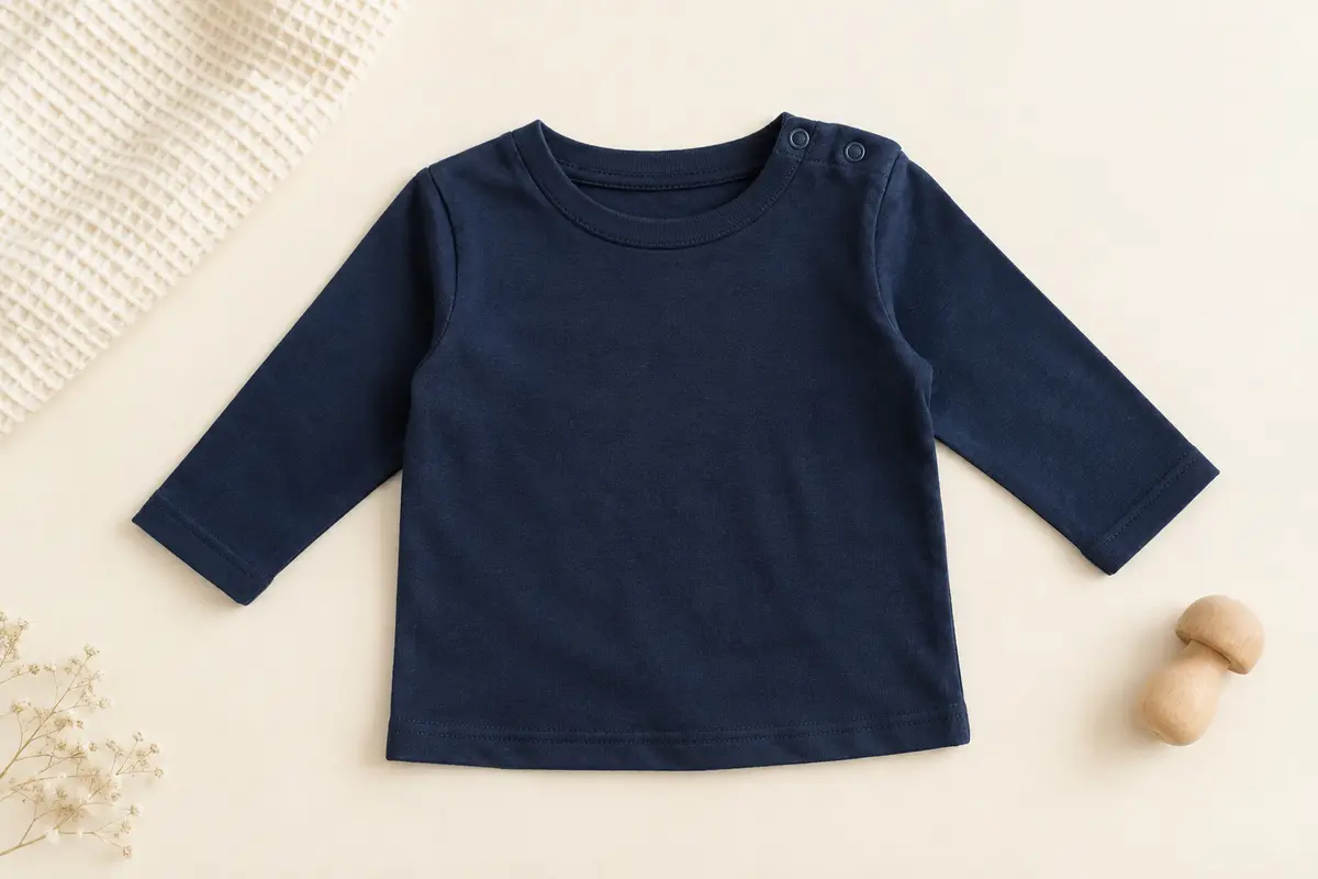 Tee-shirt bébé Lilax bleu marine à manches longues et col rond, posé à plat sur un fond crème