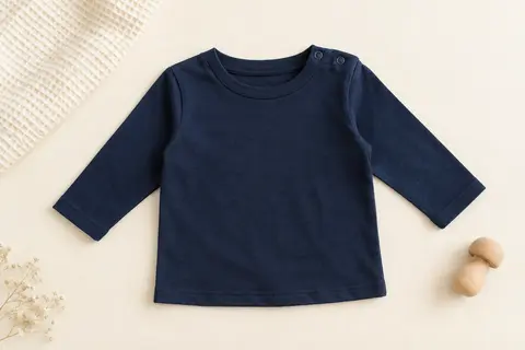 Tee-shirt bébé Lilax bleu marine à manches longues et col rond, posé à plat sur un fond crème