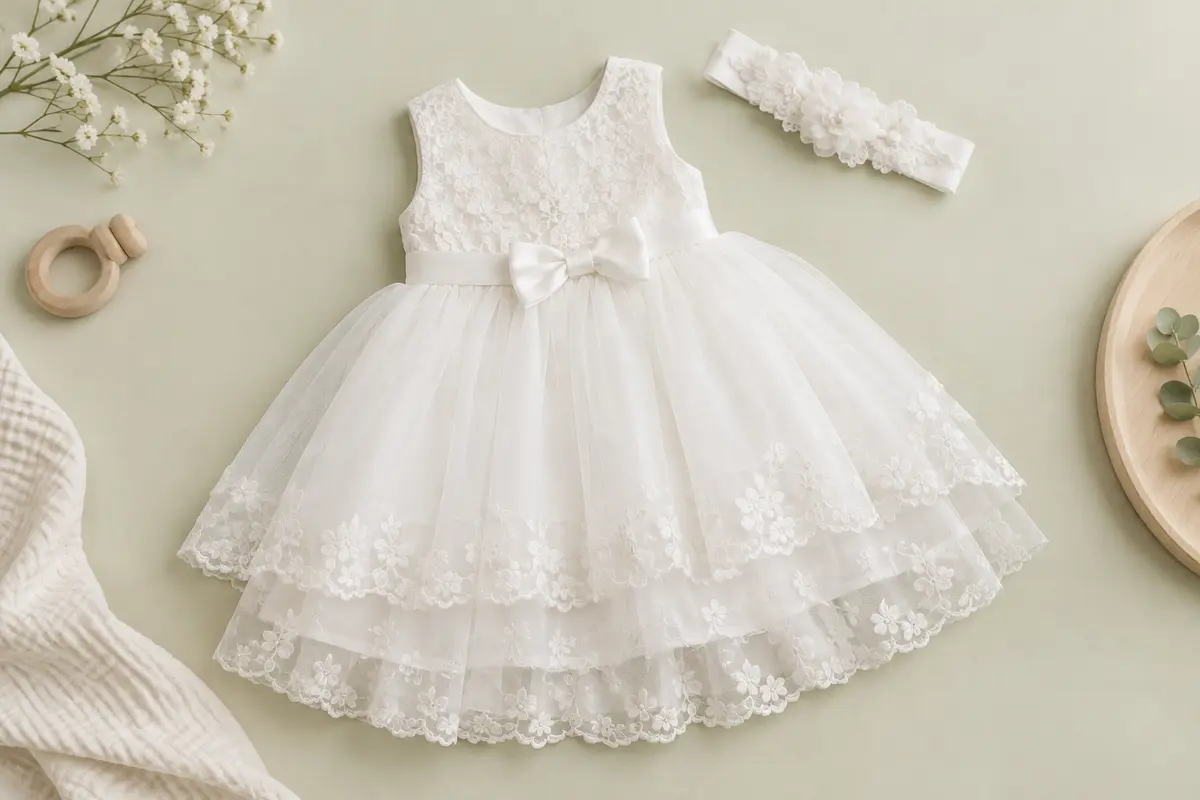Robe de cérémonie blanche pour bébé avec corsage en dentelle brodée, jupe ample et bandeau assorti
