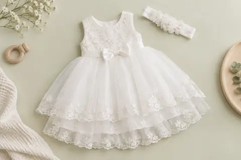 Robe de cérémonie blanche pour bébé avec corsage en dentelle brodée, jupe ample et bandeau assorti
