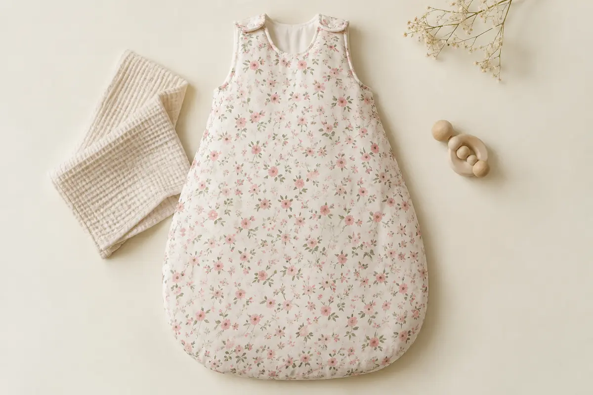 Gigoteuse bébé en coton à motif fleuri rose, présentée à plat sur un fond crème avec du coton gaufré.