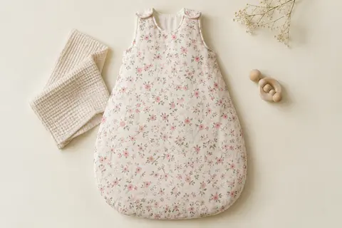 Gigoteuse bébé en coton à motif fleuri rose, présentée à plat sur un fond crème avec du coton gaufré.