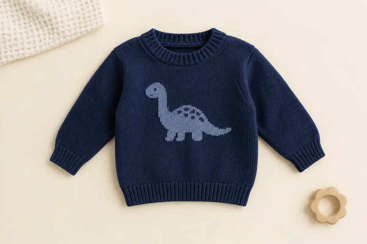 Pull bébé en tricot bleu marine à motif dinosaure, col rond et bords côtelés, posé à plat sur fond crème