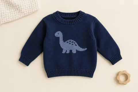 Pull bébé en tricot bleu marine à motif dinosaure, col rond et bords côtelés, posé à plat sur fond crème