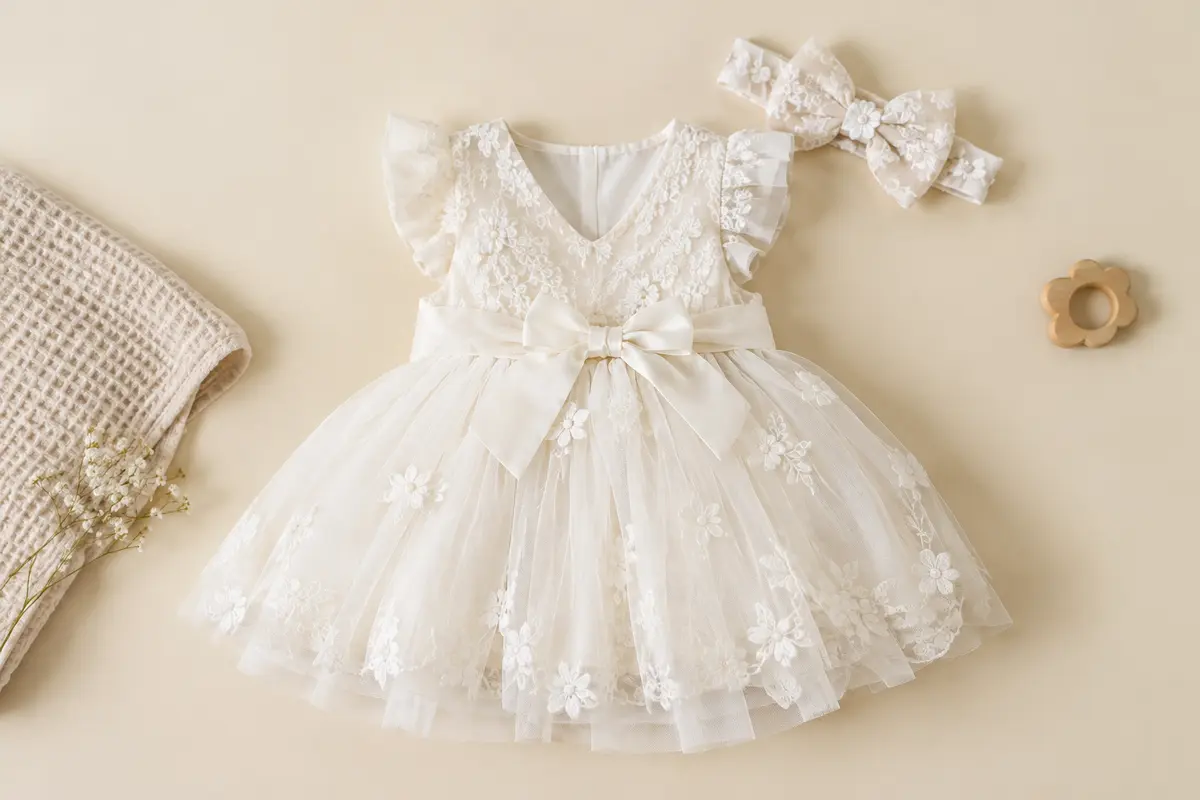 Robe de cérémonie en dentelle et tulle avec nœud à la taille et bandeau assorti, posée à plat