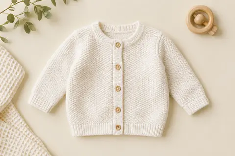 Cardigan blanc pour bébé en maille de coton épaisse, à manches longues, col rond et fermeture boutonnée