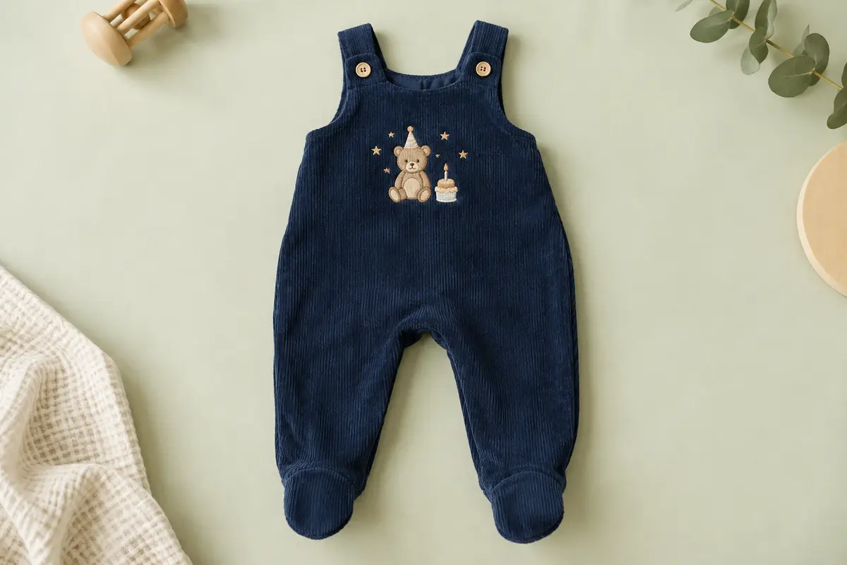 Salopette bébé en velours côtelé bleu foncé, avec pieds intégrés et motif brodé festif
