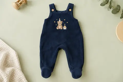 Salopette bébé en velours côtelé bleu foncé, avec pieds intégrés et motif brodé festif