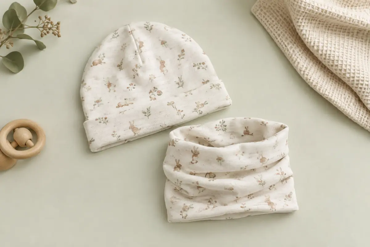Bonnet en coton à motif illustré et tour de cou assorti, pliés sur un fond crème clair