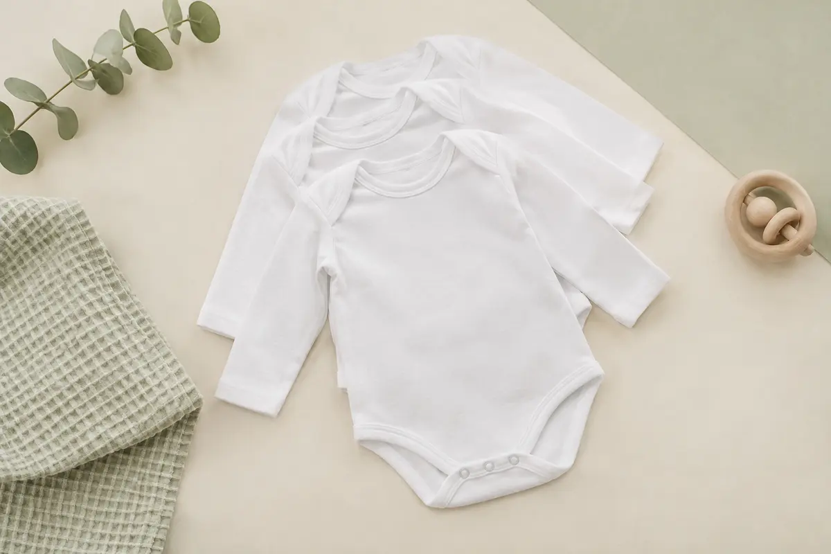 Lot de bodies bébé blancs à manches longues en coton, pliés sur un fond crème et vert sauge pâle