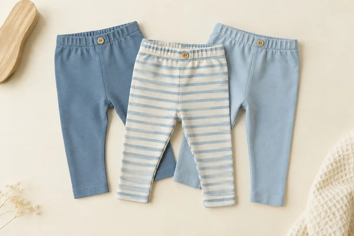 Trois leggings bébé en coton bleu, deux unis et un à rayures horizontales, présentés à plat