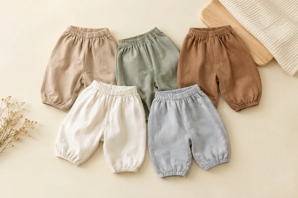 Lot de cinq pantalons bébé en coton à coupe ample, pliés sur un fond crème avec une matière gaufrée.