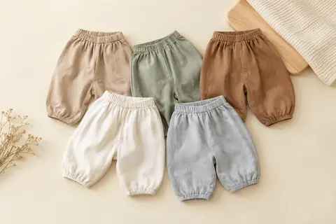 Lot de cinq pantalons bébé en coton à coupe ample, pliés sur un fond crème avec une matière gaufrée.