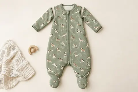 Gigoteuse à pieds en coton vert à motif chien, avec manches longues amovibles et fermeture centrale