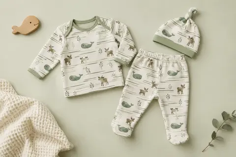 Ensemble pyjama bébé en coton avec haut, pantalon à pieds et bonnet à motifs verts