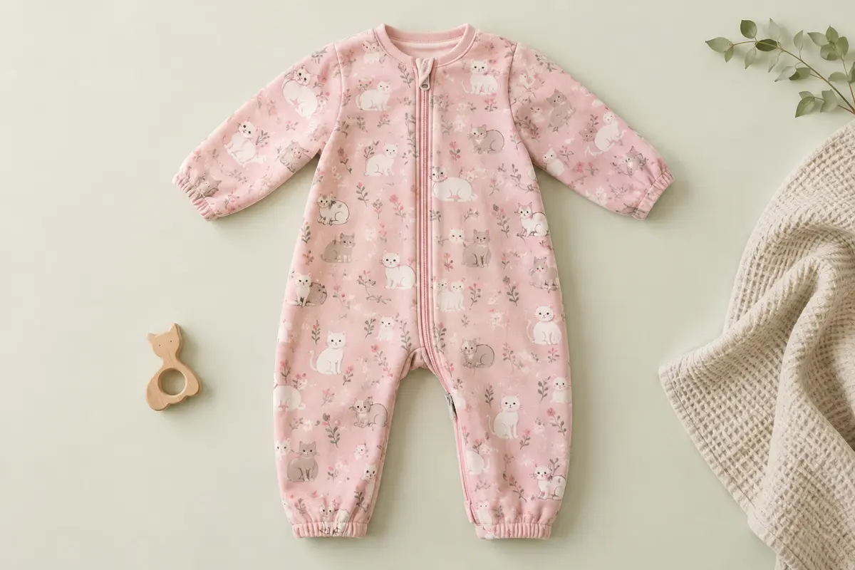 Gigoteuse à jambes en flanelle rose à motif de chat, présentée à plat sur un fond clair