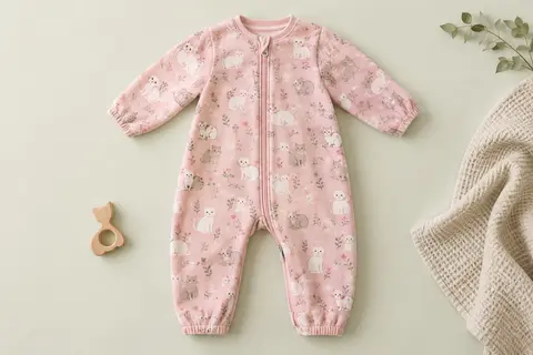 Gigoteuse à jambes en flanelle rose à motif de chat, présentée à plat sur un fond clair