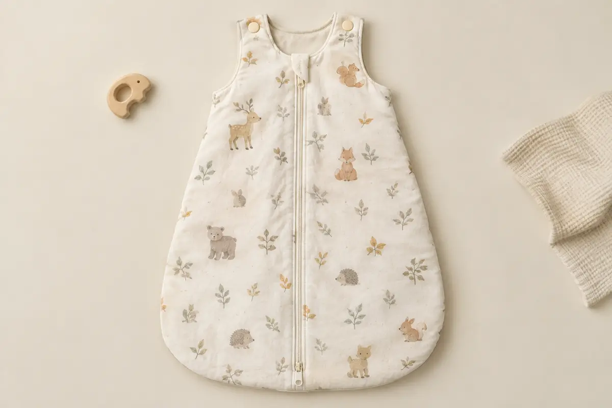 Gigoteuse bébé Mosebears en coton, sans manches, avec fermeture éclair et motif animalier, présentée à plat