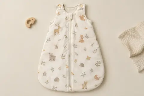 Gigoteuse bébé Mosebears en coton, sans manches, avec fermeture éclair et motif animalier, présentée à plat