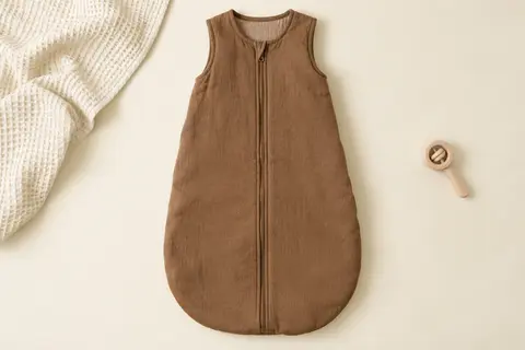 Gigoteuse d’hiver marron en coton, sans manches et à fermeture éclair, présentée à plat sur un fond crème.