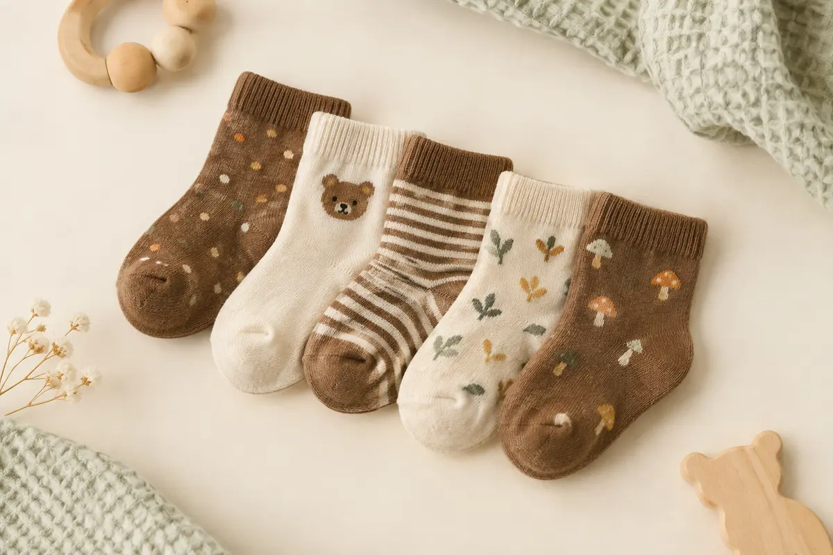 Lot de chaussettes bébé marron à motifs colorés, pliées sur un fond crème avec des matières naturelles.