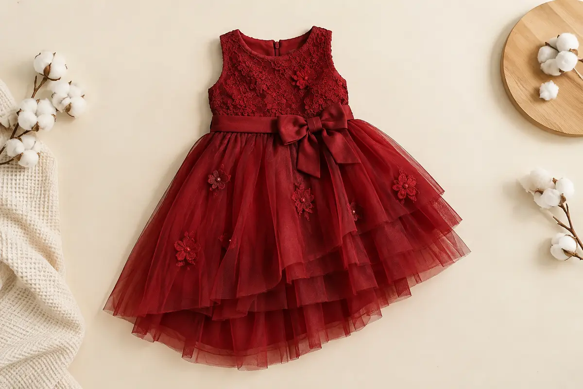 Robe de cérémonie rouge profond pour bébé, avec corsage en dentelle, nœud à la taille et jupe en tulle asymétrique