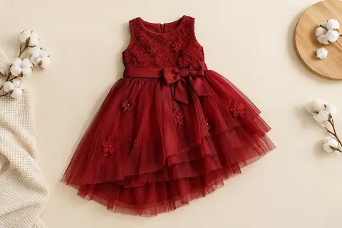 Robe de cérémonie rouge profond pour bébé, avec corsage en dentelle, nœud à la taille et jupe en tulle asymétrique