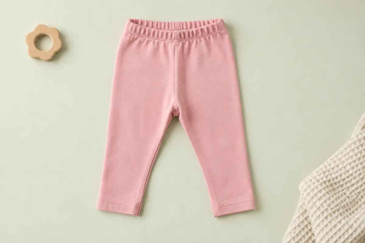 Legging bébé uni en coton, dans la teinte rose Deco Rose, présenté à plat sur un fond crème lumineux.