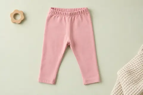 Legging bébé uni en coton, dans la teinte rose Deco Rose, présenté à plat sur un fond crème lumineux.