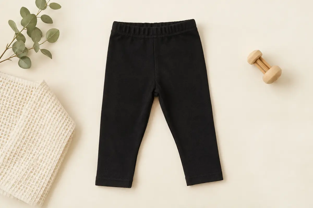 Legging bébé uni noir en polyester présenté à plat sur un fond crème avec un tissu gaufré.