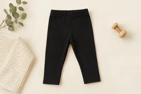 Legging bébé uni noir en polyester présenté à plat sur un fond crème avec un tissu gaufré.