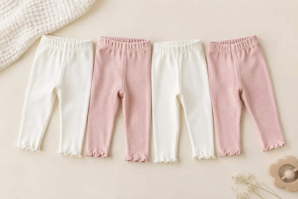 Lot de quatre leggings bébé blancs et roses, côtelés, avec taille élastique et chevilles volantées