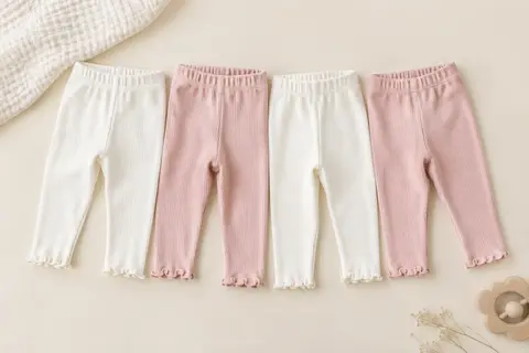 Lot de quatre leggings bébé blancs et roses, côtelés, avec taille élastique et chevilles volantées