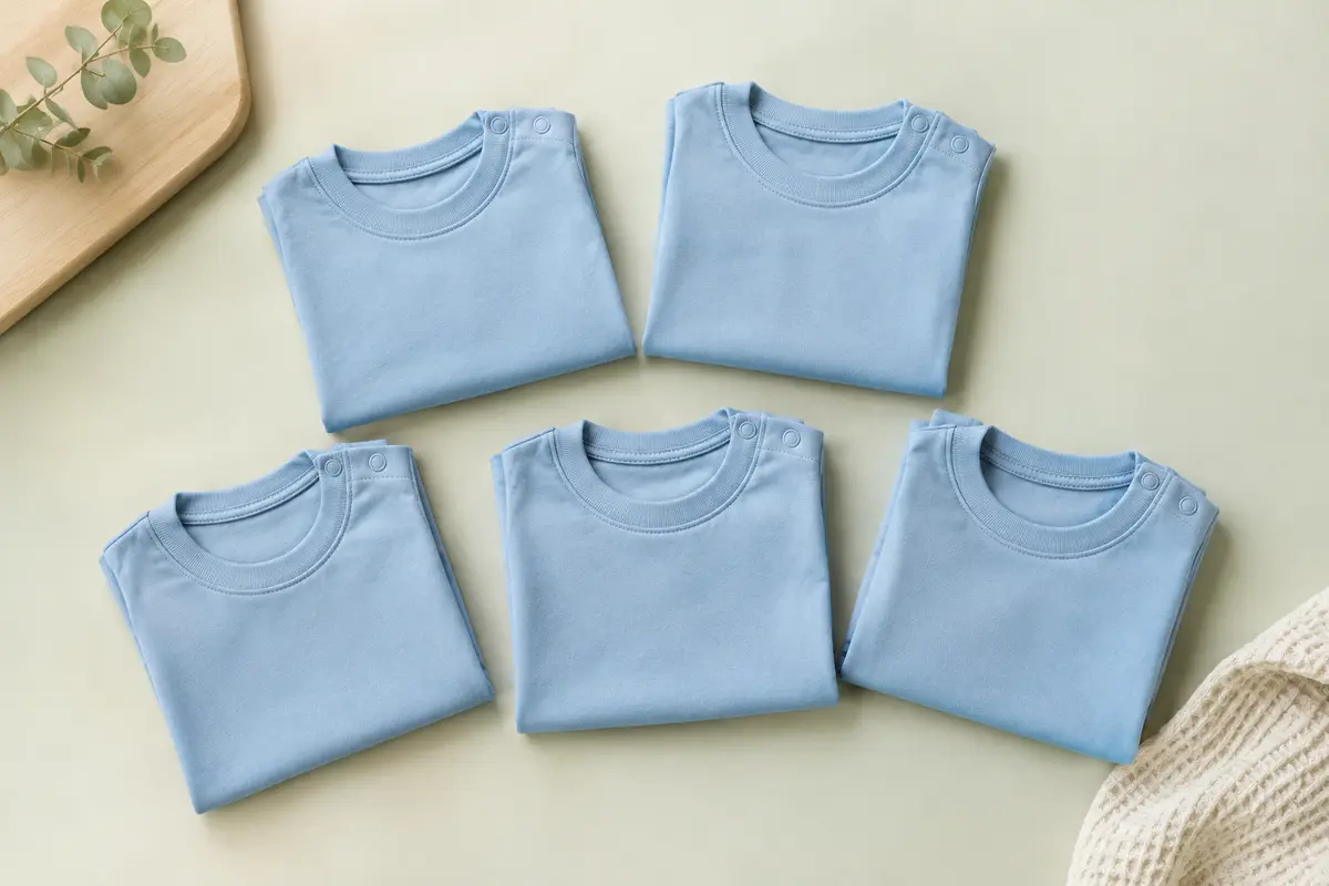 Lot de cinq tee-shirts bleus en coton pour bébé, pliés sur un fond crème avec du bois clair