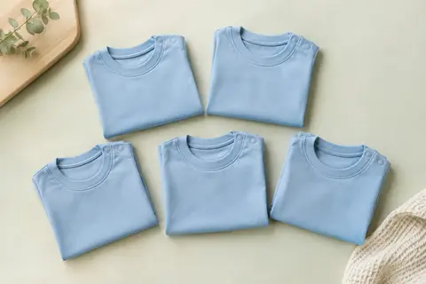 Lot de cinq tee-shirts bleus en coton pour bébé, pliés sur un fond crème avec du bois clair