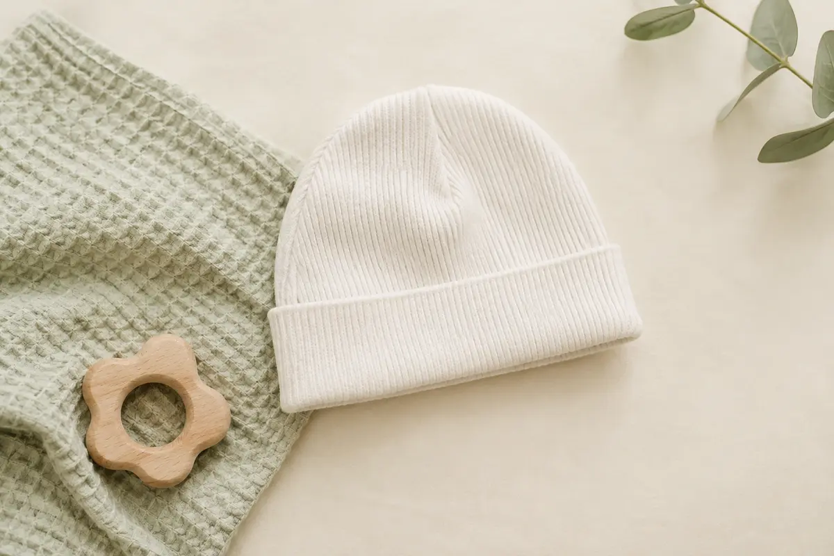Bonnet de naissance blanc en coton côtelé, posé sur un fond crème avec un tissu gaufré