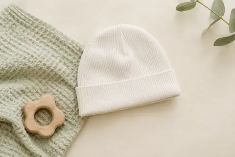 Bonnet de naissance blanc en coton côtelé, posé sur un fond crème avec un tissu gaufré
