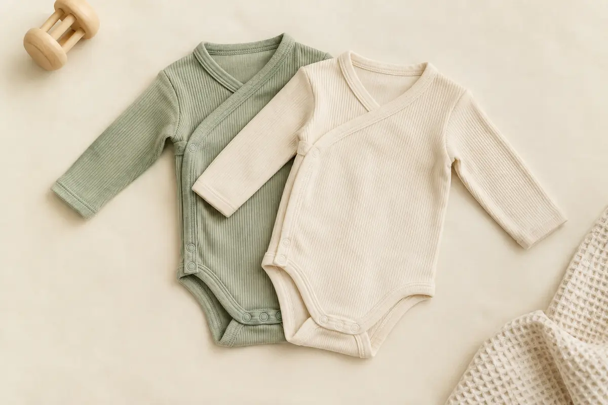 Deux bodies naissance unis à manches longues en coton côtelé, posés à plat sur un fond crème lumineux.