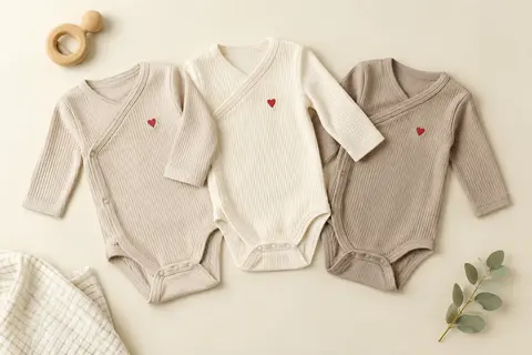 Trois bodies bébé à manches longues en maille côtelée, avec ouverture croisée et motif cœur rouge