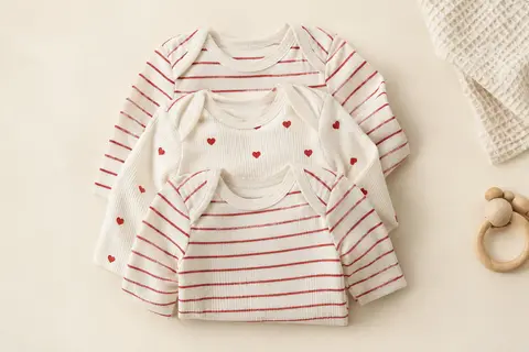 Trois bodies bébé en coton côtelé blanc et rouge, à manches longues et motif cœur, présentés à plat.