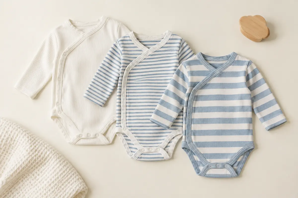 Trois bodies bébé à manches longues en coton côtelé, à rayures blanches et bleues, présentés à plat