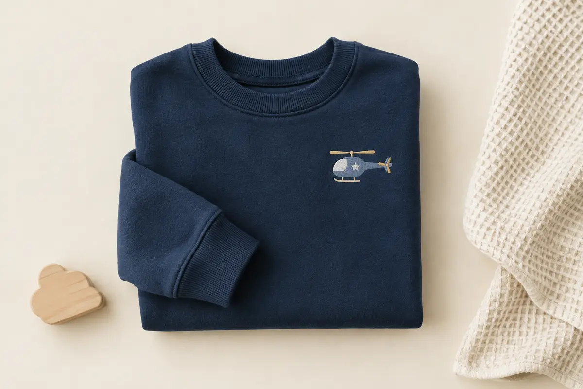 Sweat enfant bleu foncé à col rond et poignets côtelés, avec un motif d’hélicoptère, plié sur fond crème.