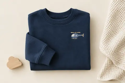 Sweat enfant bleu foncé à col rond et poignets côtelés, avec un motif d’hélicoptère, plié sur fond crème.